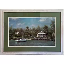 Framed Fine Art 'Island Cove' Signed Tripp Harrison Sailboat Palm Nautical Tropi