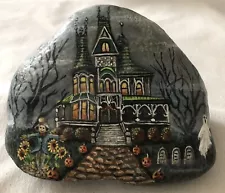 Hand Painted Art Rock Victorian Mansion Decorated For Halloween B Anne Bodenburg