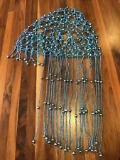 VINTAGE GREAT GATSBY BLUE GLASS FLAPPER FULL FRINGE BEADED HEADDRESS HEADPIECE