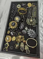 Huge Antique / Vintage Collection Of Mourning Black & Gold Jewelry Assorted