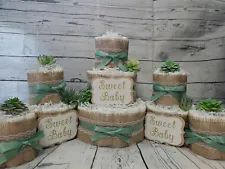 3 Tier Diaper Cake and sets - Succulent theme Eucalyptus Green with Burlap