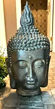 Buddha Head Sculpture Statue Meditation Zen Tranquility 15.75" Antiqued-Gray