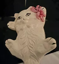 Vintage White persian Cat figure laying on his back with pink bow