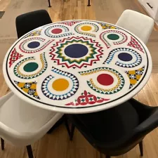 White Marble Round Dining Table Multi Semi Precious Inlay Stone Hallway Decor