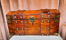 Antique Wooden Chest with Brass Accents & Clasp