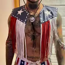 American Flag Fringes Leather Halloween Cosplay Costume Cowboy Vest For Men