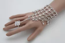 Women Wrist Bracelet Fashion Jewelry Silver Metal Hand Chain Slave Ring Flowers