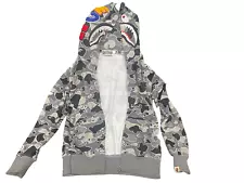 RARE BAPE A Bathing Ape Full Zip Zip-Up Hoodie Gray Tiger Shark WGM L Flawed