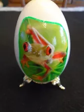 Blown Out Egg on Metal Stand With Hand Painted Tree Frog Artist Signed