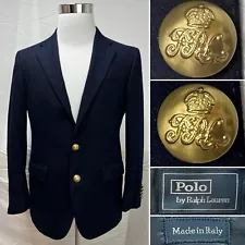 Polo Ralph Lauren Men's 38S Navy Wool Fleece Gold 2-Button Blazer Jacket Coat