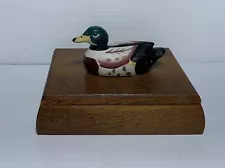 Vintage GIFTCO Mallard Duck Wood Box with 2 NEW Playing Card Sets 6" Awesome!