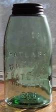 Antique Apple Green Atlas Glass Company MASON'S PATENT Half Gallon Canning Jar