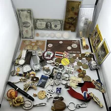 Estate Sale Junk Drawer Lot Coins, $2 Bill, Silver Certificates, Pins, Watches