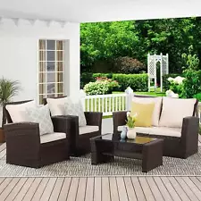 Wicker Conversation Set for Porch Deck, 4 Piece Outdoor Furniture Sets, Brown Ra