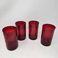 Vintage Red Glass Hand Blown MCM Modern Drinking Glasses Set Of 4