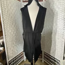 Men's 3X Black Silky Robe Sleeveless Hooded Sexy Wrap Open Front Kimono Style