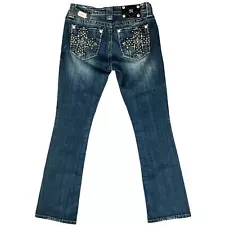 Miss Me Blue Mid Rise Boot Jeans Embellished Pockets sz 27 Y2K Med 143 NEW Tags