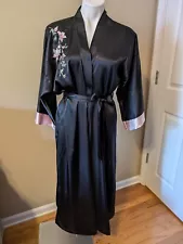 DELICATES Shiny Satan Polyester Women's Long Black Kimono Robe Sz M Belted Waist