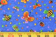 22" Long, Bright Colorful Garden Bugs on Blue Quilt Cotton, Hoffman, P6602