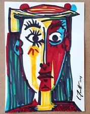 CHRIS ZANETTI Original Ink Sketch Drawing PICASSO-style Portrait Woman Art 8"x6"