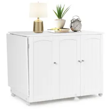 Utility Sewing Table Foldable Craft Cart Shelves Storage Cabinet W/Wheels White