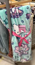 Hello Kitty Mermaid Seashells Starfish 60 x 70" Pastel Green Throw Blanket NWT