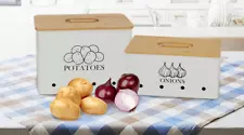 2Pack Set Potato Onion Kitchen Storage Canisters Storage Bin Tin w/ Wooden Lid