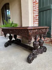 Antique French Library Table Desk Bureau Plat Renaissance Carved Oak Gothic