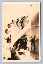 Mexico City Girls on Staircase RPPC Antique Hugo Brehme Personal Photo ~1910s