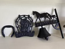 Cast Iron welcome sign, dinner bell and horseshoe