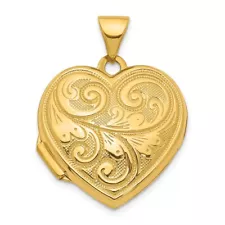 14k Yellow Gold 19mm Scroll Design Reversible Heart Locket Pendant for Women