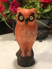 VINTAGE RAGON HOUSE 6" PAPER MACHE OWL FIGURINE - YELLOW EYES - ORANGE/BROWN