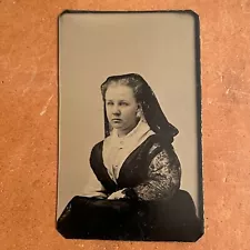 Antique Civil War Era Tintype Photo Young Woman in Lace Mourning Dress Veil