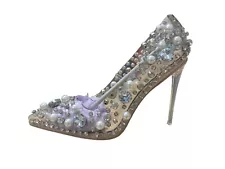 Azalea Wang Rook Bejeweled High Heel Pump 'Nude/Clear' Womens Size 9