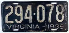 Virginia 1939 Old License Plate Vintage Car Man Cave Garage Collector Wall Decor