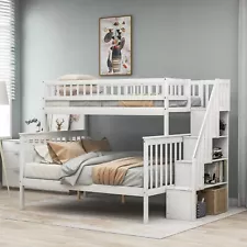 Twin over Full Stairway Bunk Bed with Trundle storage Wood Frame Stairway White