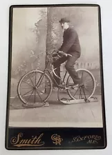 Antique Cabinet Card Photo Morrison's Bicycle Snow Sled Ski Patent Vintage Maine