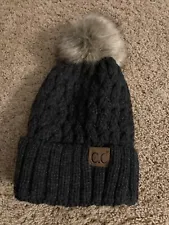 CC Beanie Thick Cable Cuffed Winter Hat, Faux Fur Pom, Fleece Lined, Charcoal