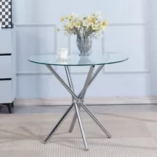 Round Clear Tempered Glass Dining Table Silver Chromed Legs Dining Room Kitchen