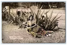 1944 Beautiful Woman Aloe Vera Plant Tinted Monterrey Mexico RPPC Photo Postcard