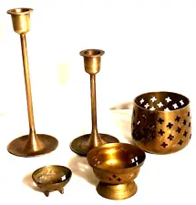 Antique Vintage Solid Brass Misc Items Candle Holders Incense Burners 5Pc