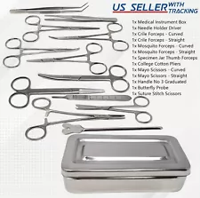 13 Pcs Veterinary General Surgery Set w/Stainless Steel Surgical Instrument Box