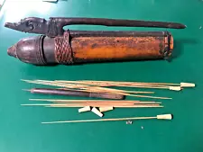 circa 1900's blow darts with wooden engraved quiver holder with original darts