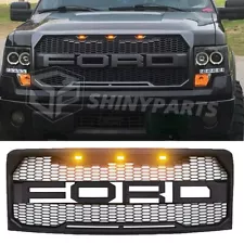 Grill For 2009-2014 FORD F-150 F150 Raptor Style Bumper Hood Black W/LED&Letter