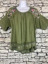 KNOX ROSE Army Green Embroidered Floral Boho Peasant Short Sleeve Blouse size L