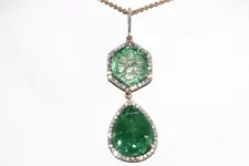 $16,000 20.65CT NATURAL AFRICAN EMERALD & DIAMOND CLUSTER HALO NECKLACE 14K GOLD