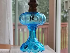 Antique EAPG Blue Moon Bullseye Miniature Oil Kerosene Pedestal Lamp Crisp