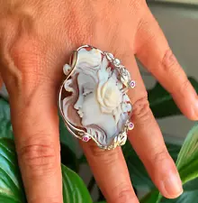 ESTATE GOLD SILVER CAMEO RING-SIZE 7,5 Cornelian Shell Flowers Profile Woman