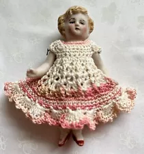 Crochet Dress for 3 1/2" Frozen Charlotte Flapper Mignonette Kestner Ecru/pinks