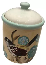 Powder Blue Bird Quail Floral Sugar Flour Kitchen Canister Container W/Lid 7"